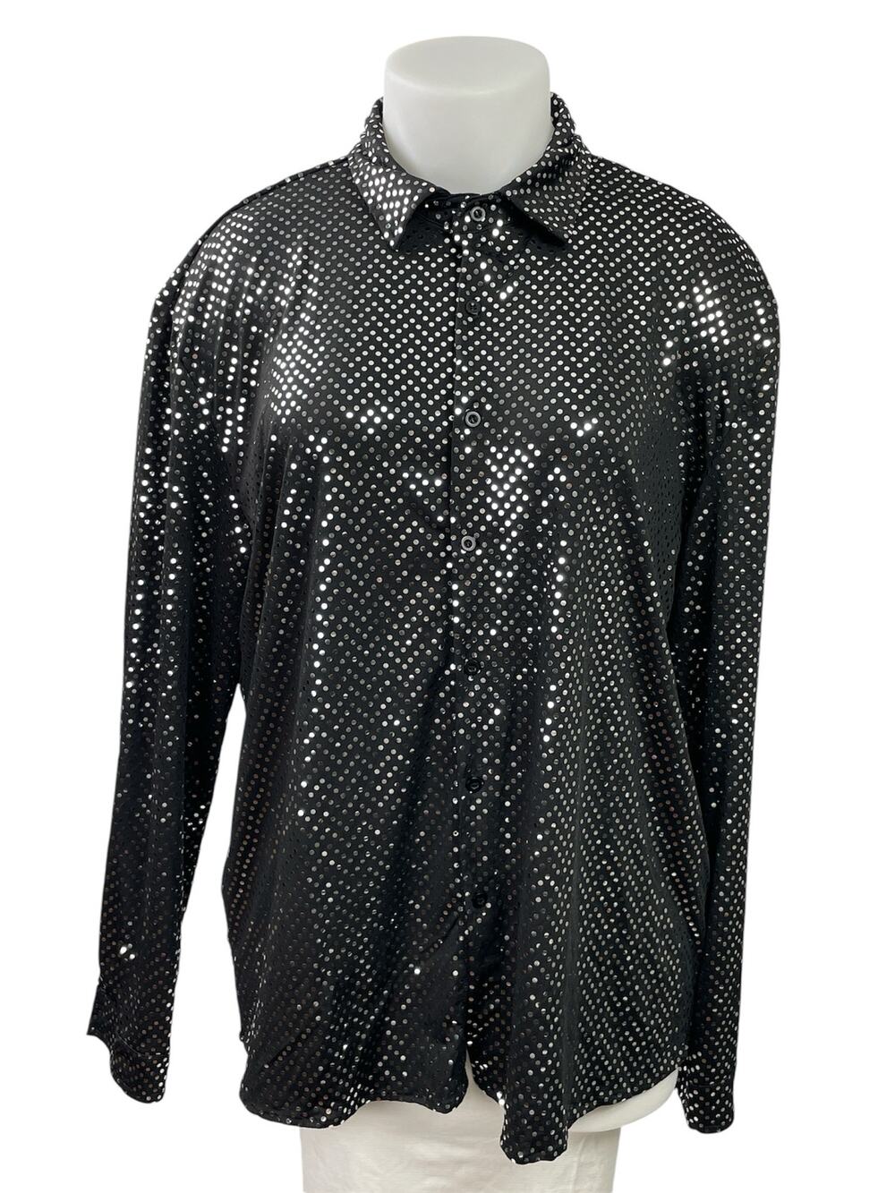 Womens Black Metallic Sequin Embellished Long Sleeve Button Down Shirt Top Sz XL